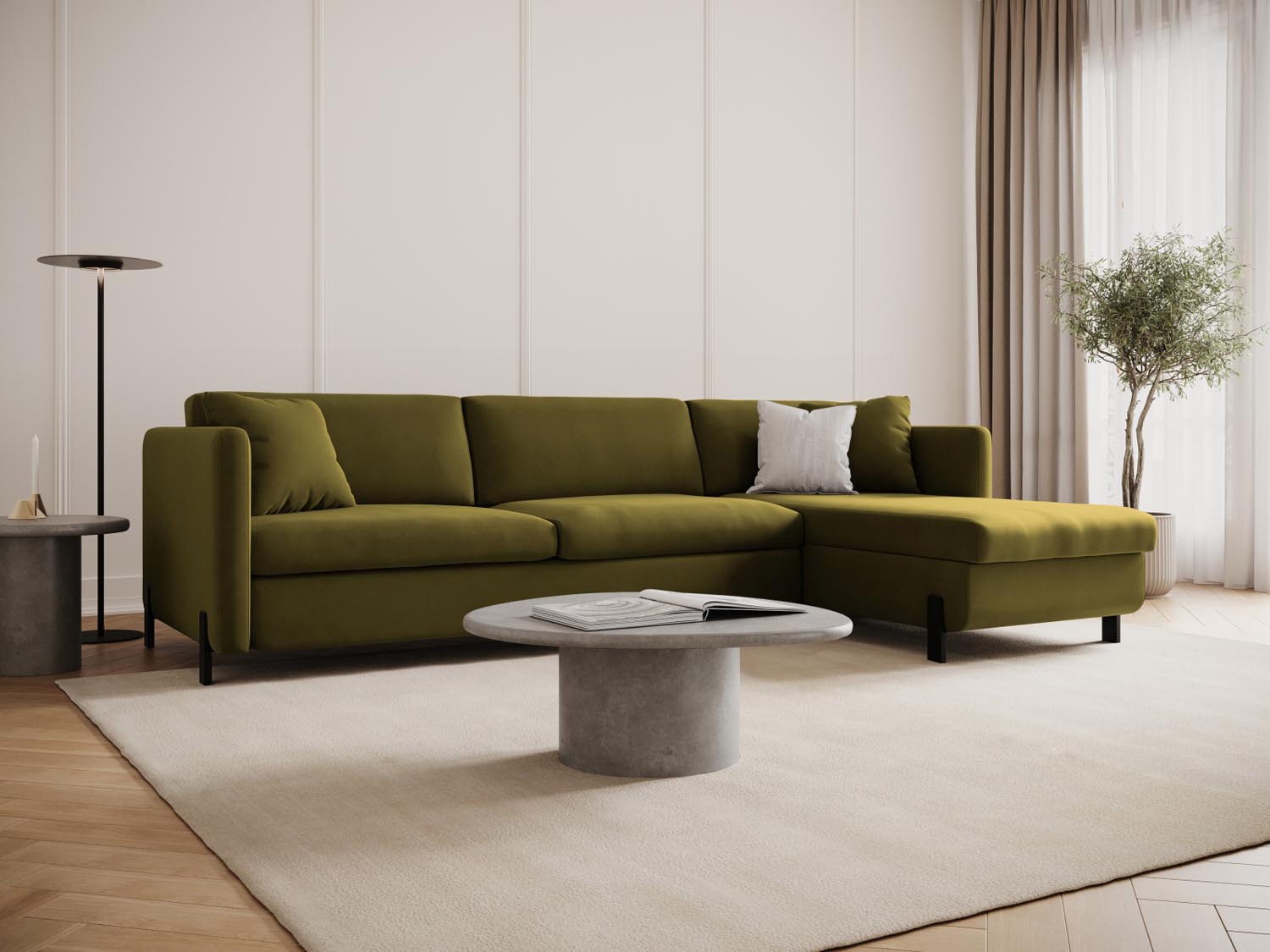 Elegantes Gloria Velour Ecksofa in Grün, ideal für stilvolle Wohnräume. Mit Schlaffunktion und Stauraum, perfekt für Gäste und Entspannung.