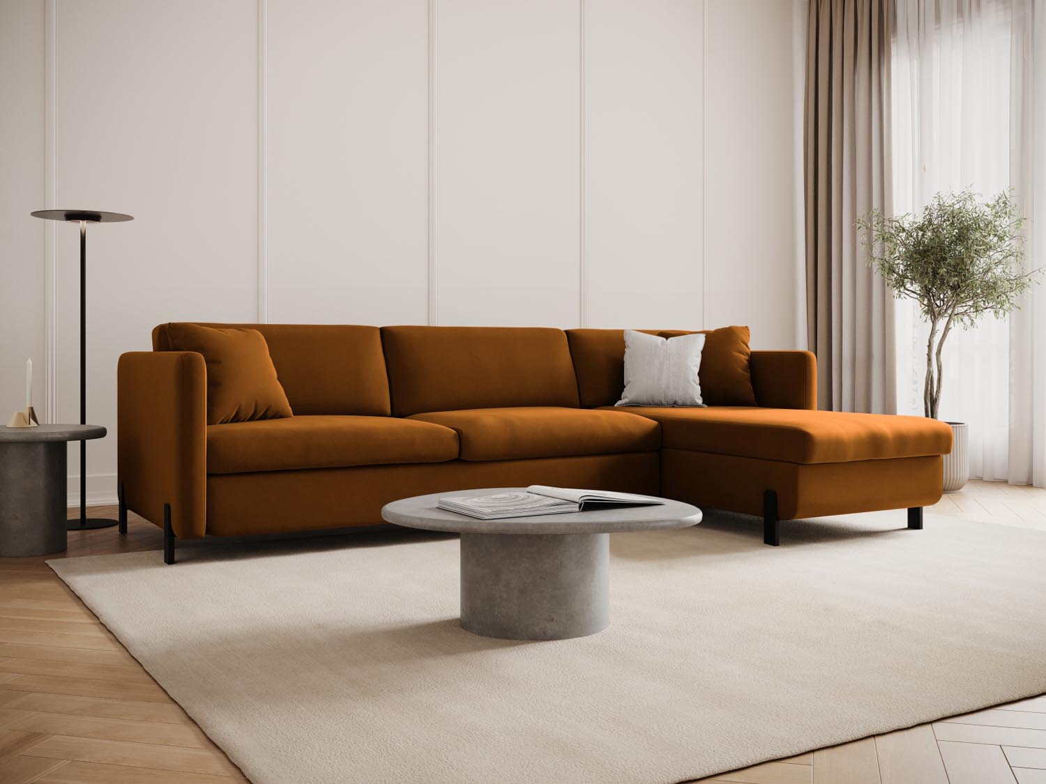 Elegantes braunes Ecksofa Gloria mit Velourbezug, Schlaffunktion und Stauraum, ideal für stilvolle Wohnräume.