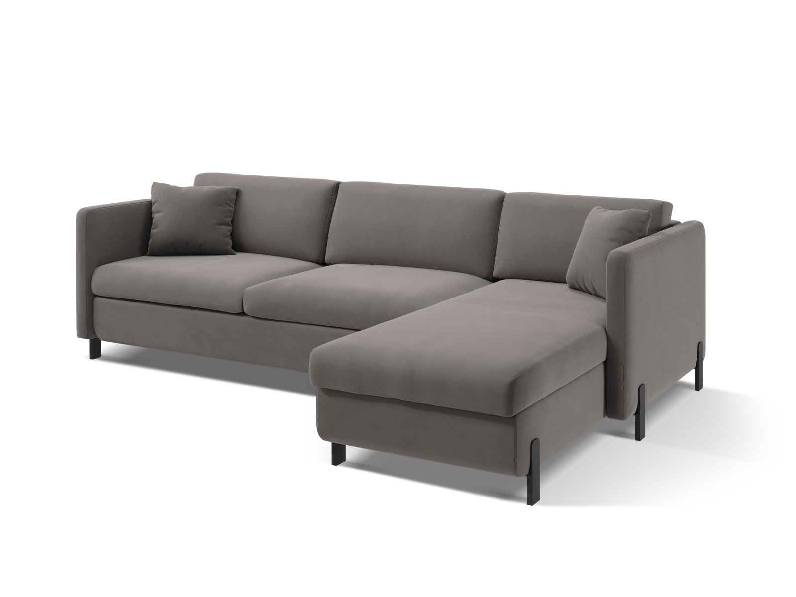 Modernes Ecksofa Gloria in Velours, rechtsseitig, 5-Sitzer mit praktischer Schlaffunktion und integriertem Stauraum für zusätzlichen Komfort.