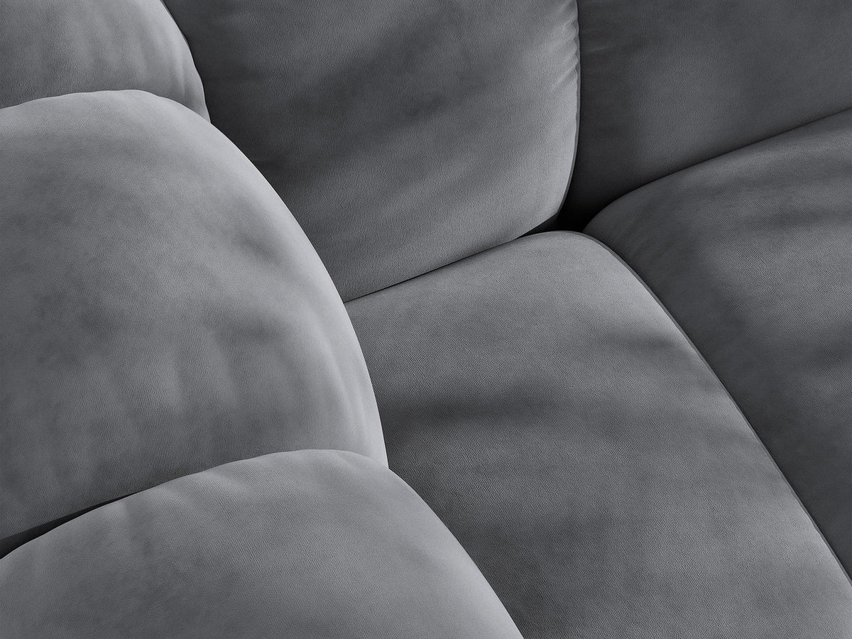 Beiges Ecksofa Lupine von Micadoni mit rechter Ausrichtung, Stoffbezug Eden Pearl, schwarzen Kunststoffbeinen und integriertem Bettkasten.