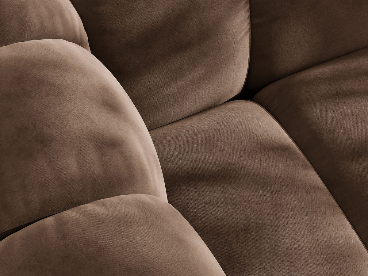 Beiges Ecksofa Lupine von Micadoni mit rechter Ausrichtung, Stoffbezug Eden Pearl, schwarzen Kunststoffbeinen und integriertem Bettkasten.