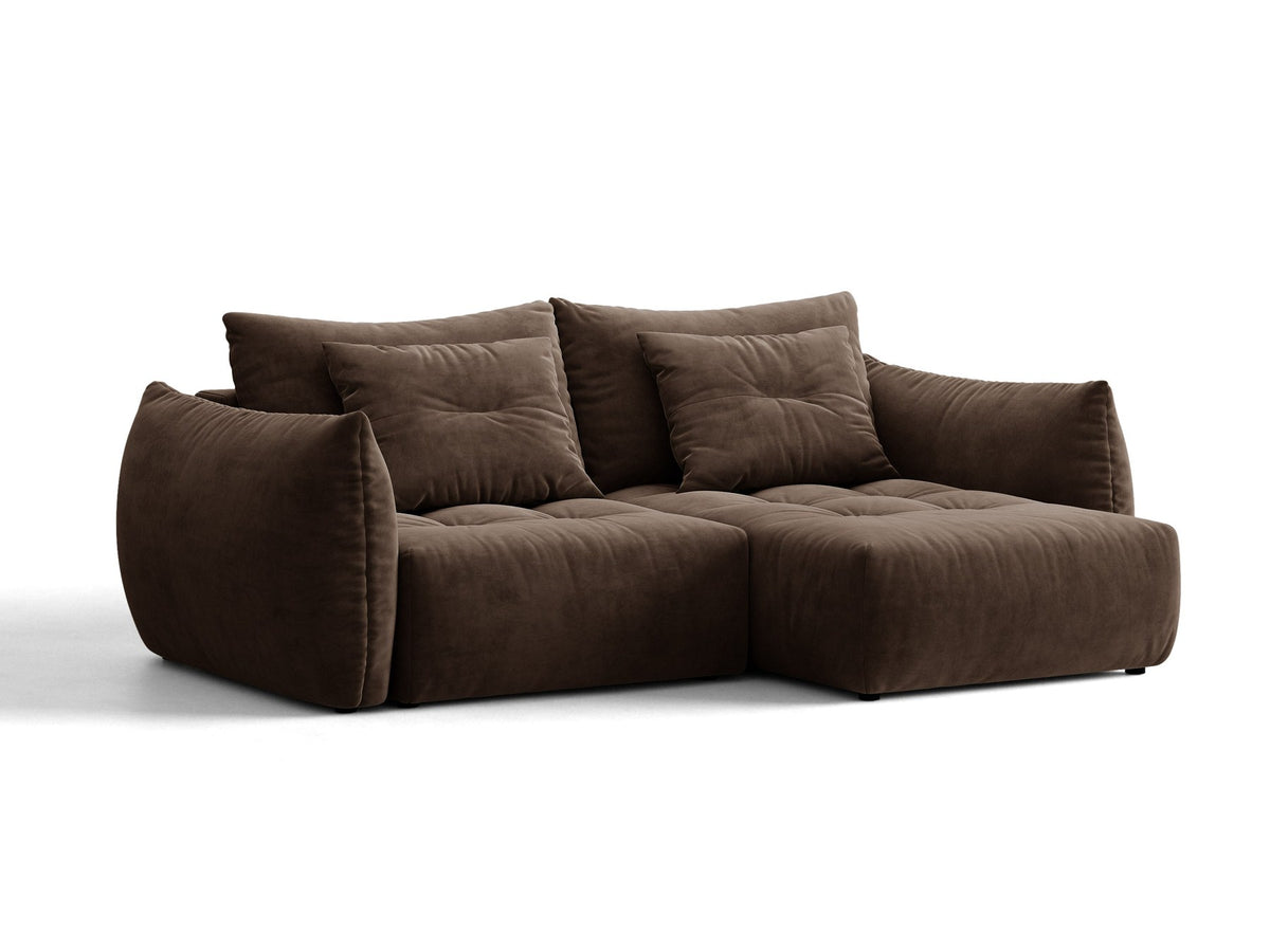 Ecksofa Bloom mit Schlaffunktion von Micadoni in Sand, Bettsofa rechts mit Casino-Veloursbezug und schwarzen Kunststoffbeinen.