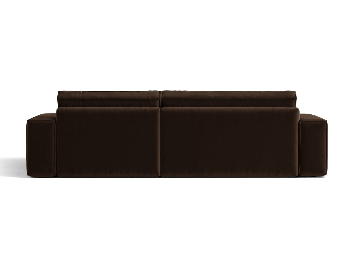Braunes Ecksofa Jodie von Micadoni mit Bouclé-Stoffbezug, schwarzen Kunststoffbeinen und ausklappbarem Bettkasten, linke Ausrichtung.