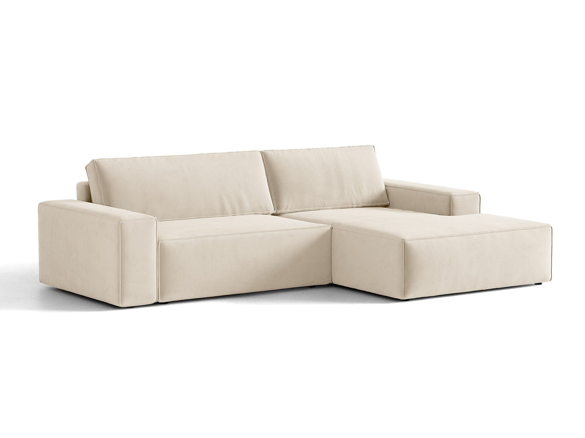 Jodie Velour Ecksofa rechts mit Schlaffunktion und Stauraumbox 3 Sitzer in Light Beige-Bluvel präsentiert im Onlineshop von KAQTU Design AG. Bettsofa rechts ist von Micadoni