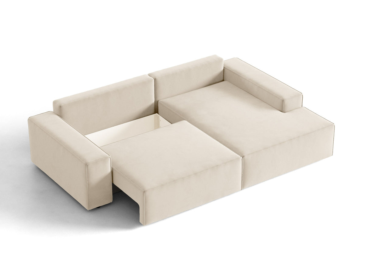 Jodie Velour Ecksofa rechts mit Schlaffunktion und Stauraumbox 3 Sitzer in Light Beige-Bluvel präsentiert im Onlineshop von KAQTU Design AG. Bettsofa rechts ist von Micadoni