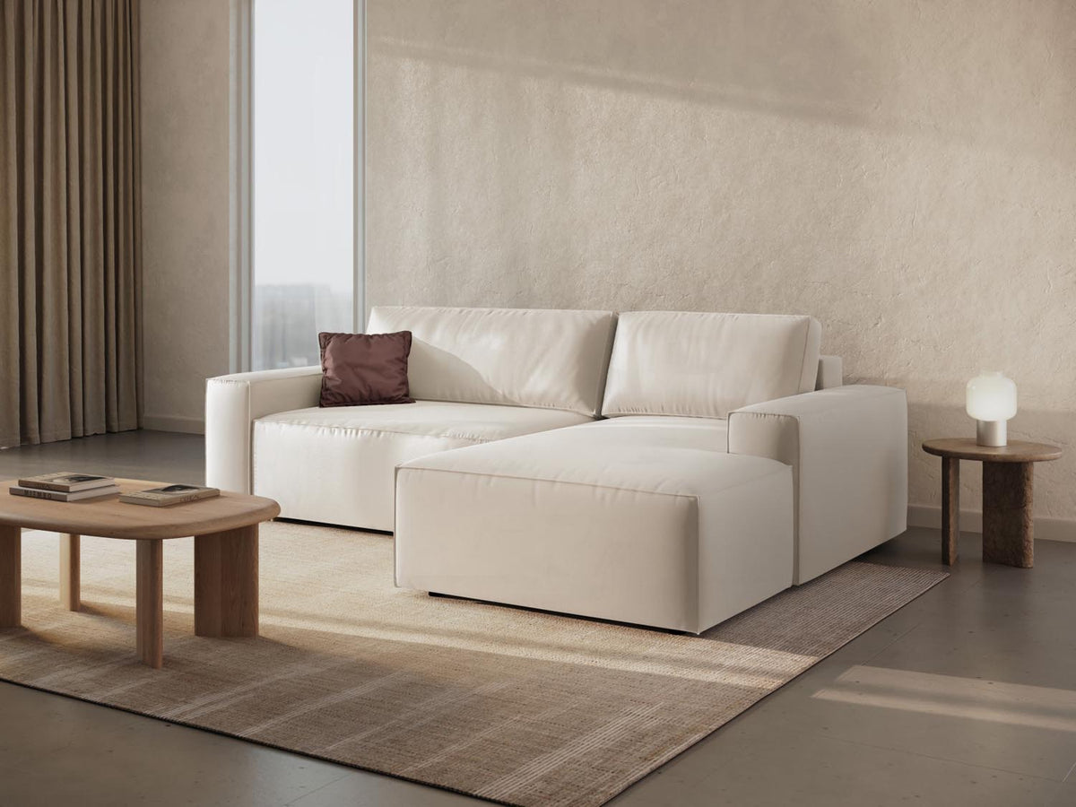 Jodie Velour Ecksofa rechts mit Schlaffunktion und Stauraumbox 3 Sitzer in Light Beige-Bluvel präsentiert im Onlineshop von KAQTU Design AG. Bettsofa rechts ist von Micadoni