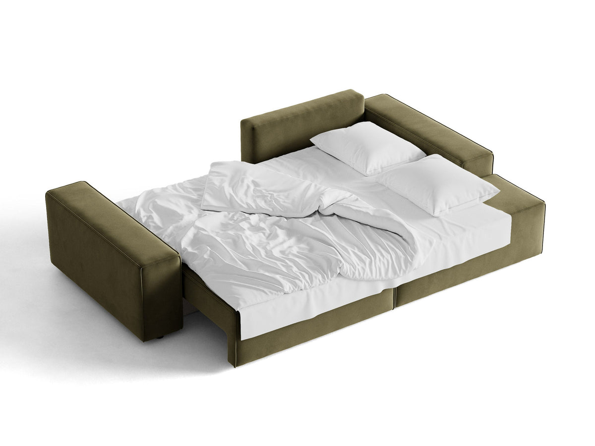Jodie Velour Ecksofa rechts mit Schlaffunktion und Stauraumbox 3 Sitzer in Green-Bluvel präsentiert im Onlineshop von KAQTU Design AG. Bettsofa rechts ist von Micadoni