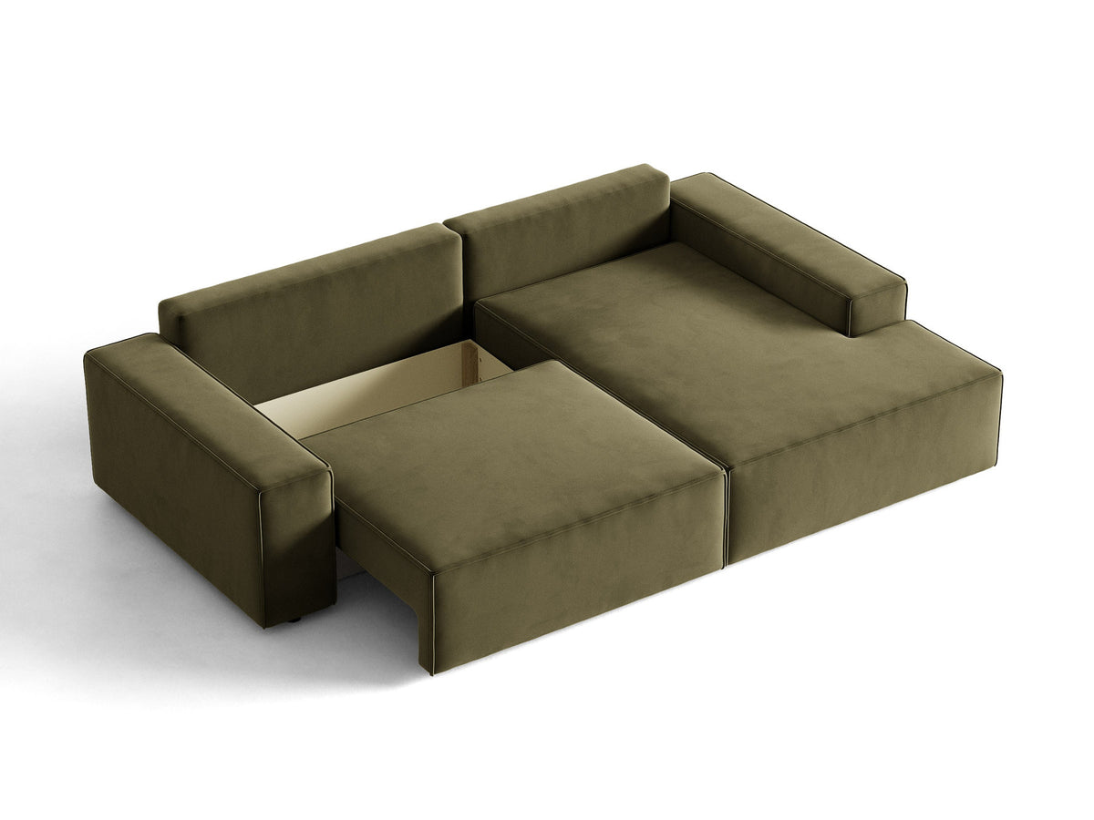 Jodie Velour Ecksofa rechts mit Schlaffunktion und Stauraumbox 3 Sitzer in Green-Bluvel präsentiert im Onlineshop von KAQTU Design AG. Bettsofa rechts ist von Micadoni
