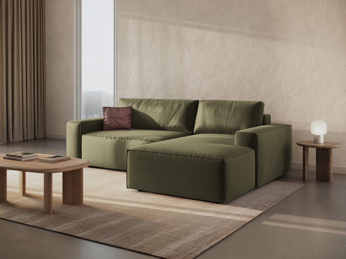 Jodie Velour Ecksofa rechts mit Schlaffunktion und Stauraumbox 3 Sitzer in Green-Bluvel präsentiert im Onlineshop von KAQTU Design AG. Bettsofa rechts ist von Micadoni
