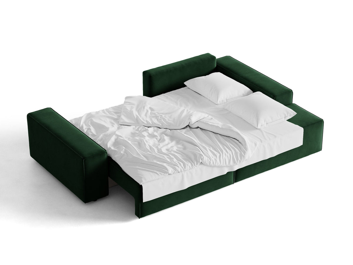 Jodie Velour Ecksofa rechts mit Schlaffunktion und Stauraumbox 3 Sitzer in Bottle Green-Bluvel präsentiert im Onlineshop von KAQTU Design AG. Bettsofa rechts ist von Micadoni
