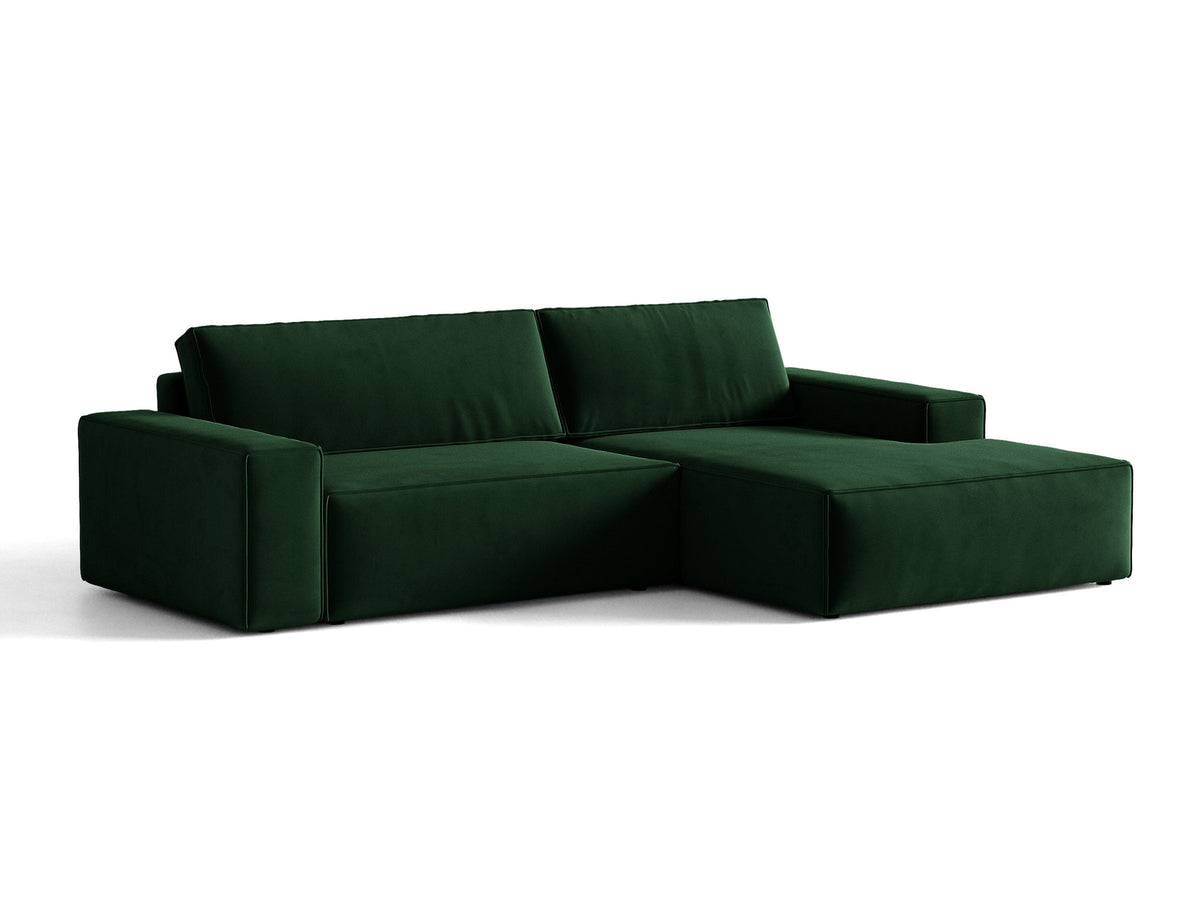 Jodie Velour Ecksofa rechts mit Schlaffunktion und Stauraumbox 3 Sitzer in Bottle Green-Bluvel präsentiert im Onlineshop von KAQTU Design AG. Bettsofa rechts ist von Micadoni