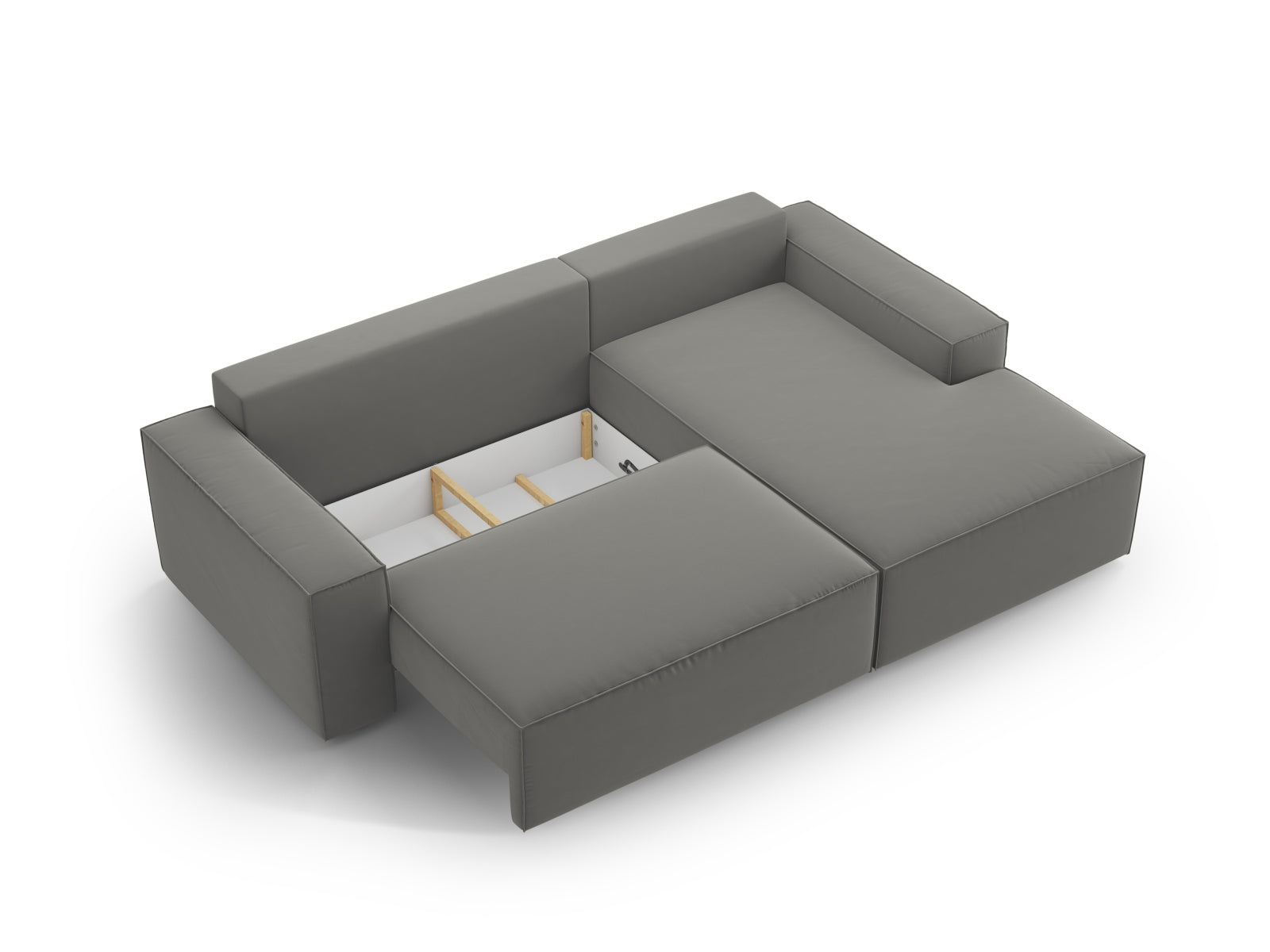 Erleben Sie das Jodie Velour Ecksofa rechts: Eleganz trifft Funktionalität mit Schlaffunktion und Stauraum für Ihr modernes Wohnzimmer.