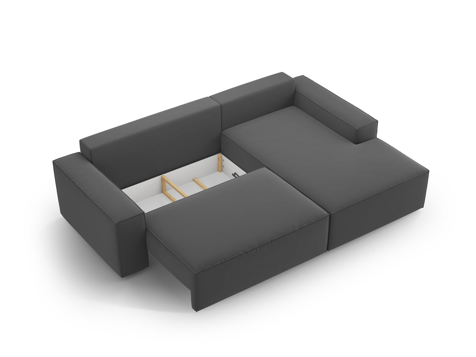 Erleben Sie das Jodie Velour Ecksofa rechts: Eleganz trifft Funktionalität mit Schlaffunktion und Stauraum für Ihr modernes Wohnzimmer.