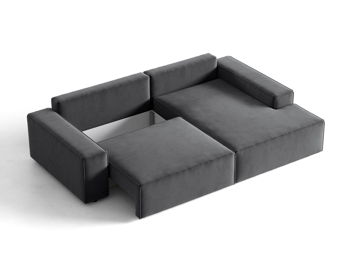 Jodie Velour Ecksofa rechts mit Schlaffunktion und Stauraumbox 3 Sitzer in Grey-Bluvel präsentiert im Onlineshop von KAQTU Design AG. Bettsofa rechts ist von Micadoni