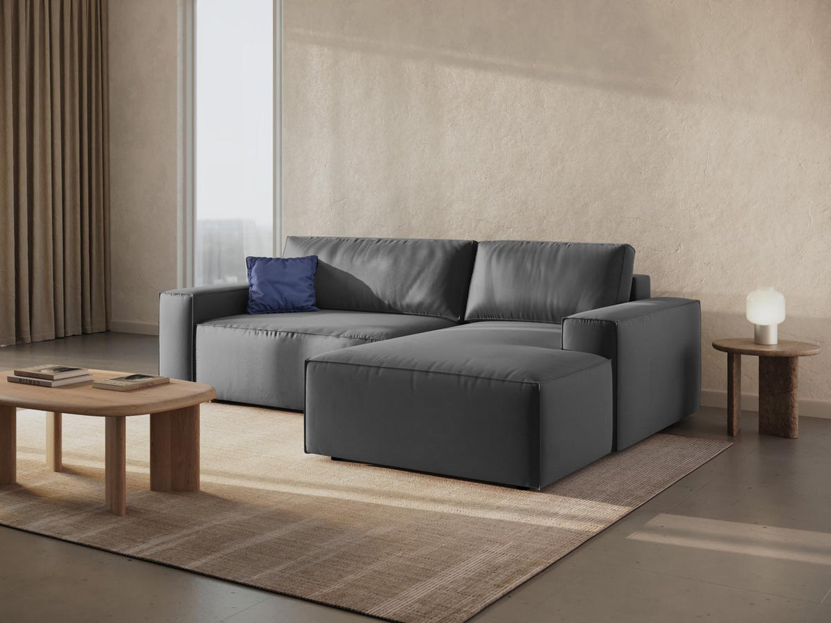 Jodie Velour Ecksofa rechts mit Schlaffunktion und Stauraumbox 3 Sitzer in Grey-Bluvel präsentiert im Onlineshop von KAQTU Design AG. Bettsofa rechts ist von Micadoni