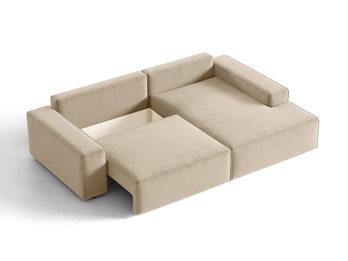 Jodie Velour Ecksofa rechts mit Schlaffunktion und Stauraumbox 3 Sitzer in Dark Beige-Bluvel präsentiert im Onlineshop von KAQTU Design AG. Bettsofa rechts ist von Micadoni