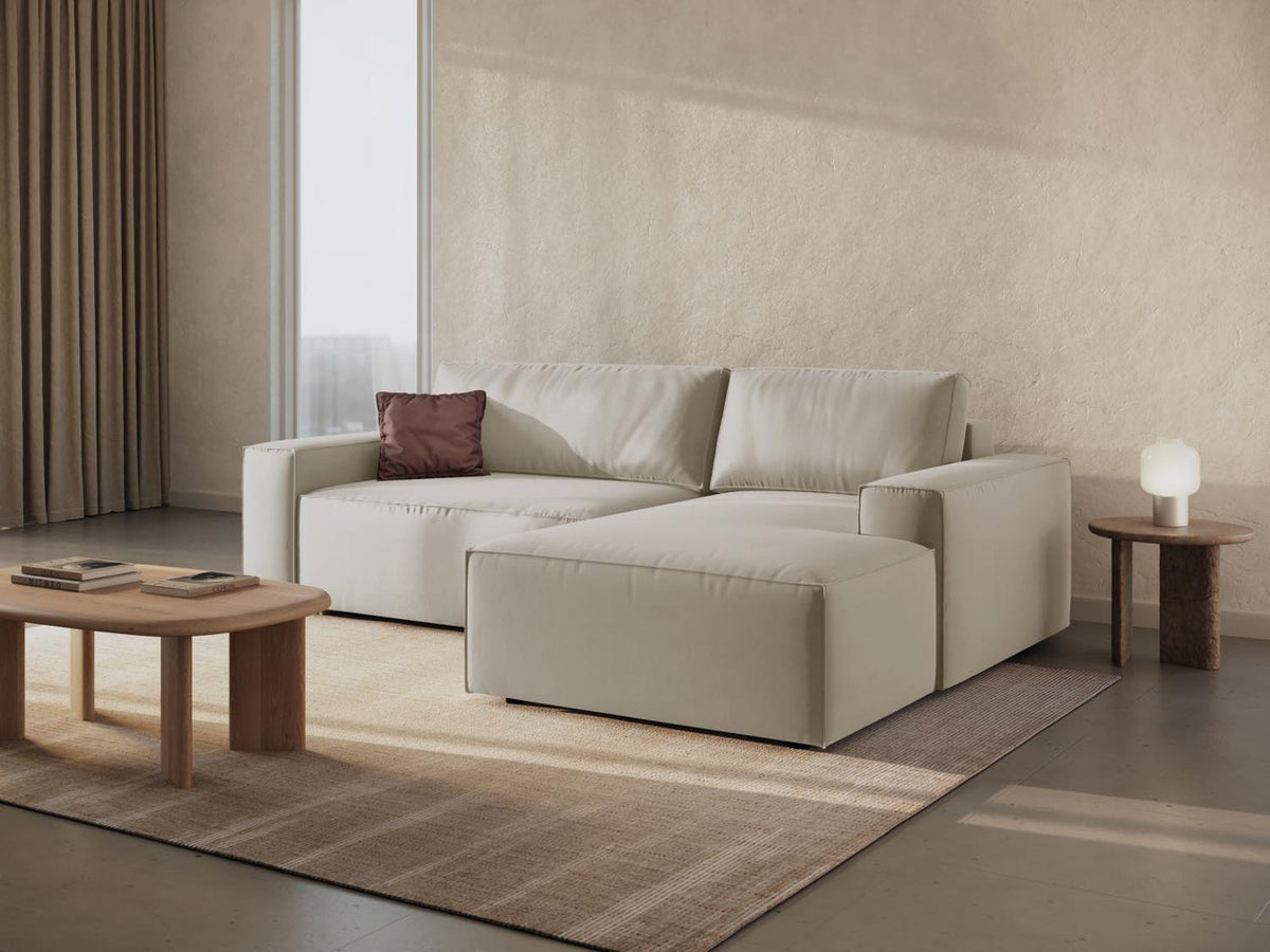 Jodie Velour Ecksofa rechts mit Schlaffunktion und Stauraumbox 3 Sitzer in Dark Beige-Bluvel präsentiert im Onlineshop von KAQTU Design AG. Bettsofa rechts ist von Micadoni