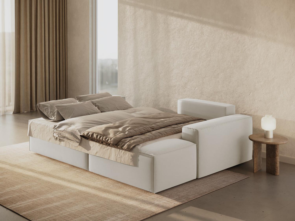Jodie Velour Ecksofa rechts mit Schlaffunktion und Stauraumbox 3 Sitzer in Dark Beige-Bluvel präsentiert im Onlineshop von KAQTU Design AG. Bettsofa rechts ist von Micadoni