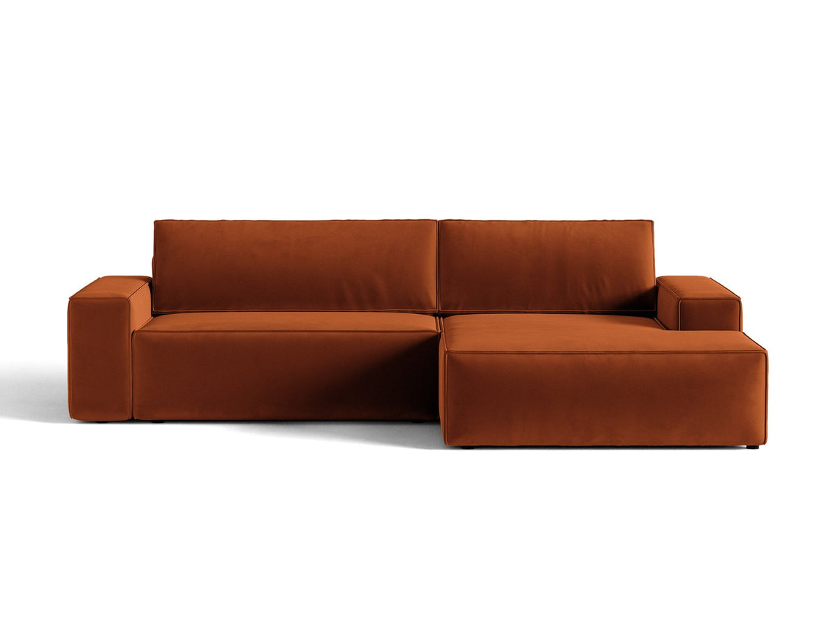 Braunes Ecksofa Jodie von Micadoni mit Bouclé-Stoffbezug, schwarzen Kunststoffbeinen und ausklappbarem Bettkasten, linke Ausrichtung.