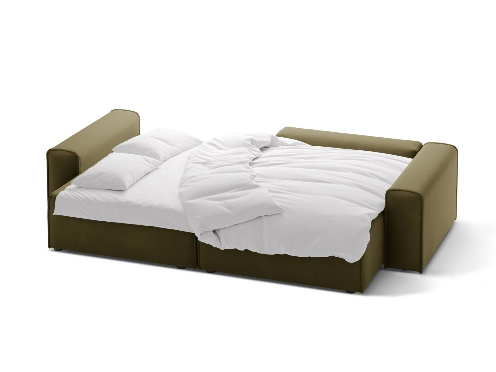 Stylisches 3-Sitzer Ecksofa Victor in Moss Green Melange, bietet komfortable Schlaffunktion und cleveren Stauraum für Ihr Zuhause.