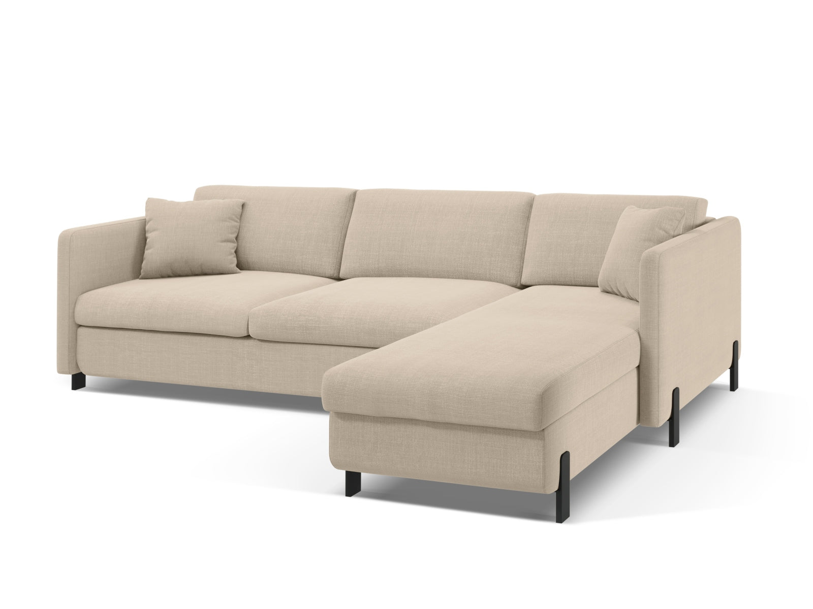 Beige Ecksofa Gloria von Micadoni, rechtsseitig, 4-Sitzer mit Schlaffunktion und Stauraum, perfekt für stilvolle und praktische Wohnlösungen.