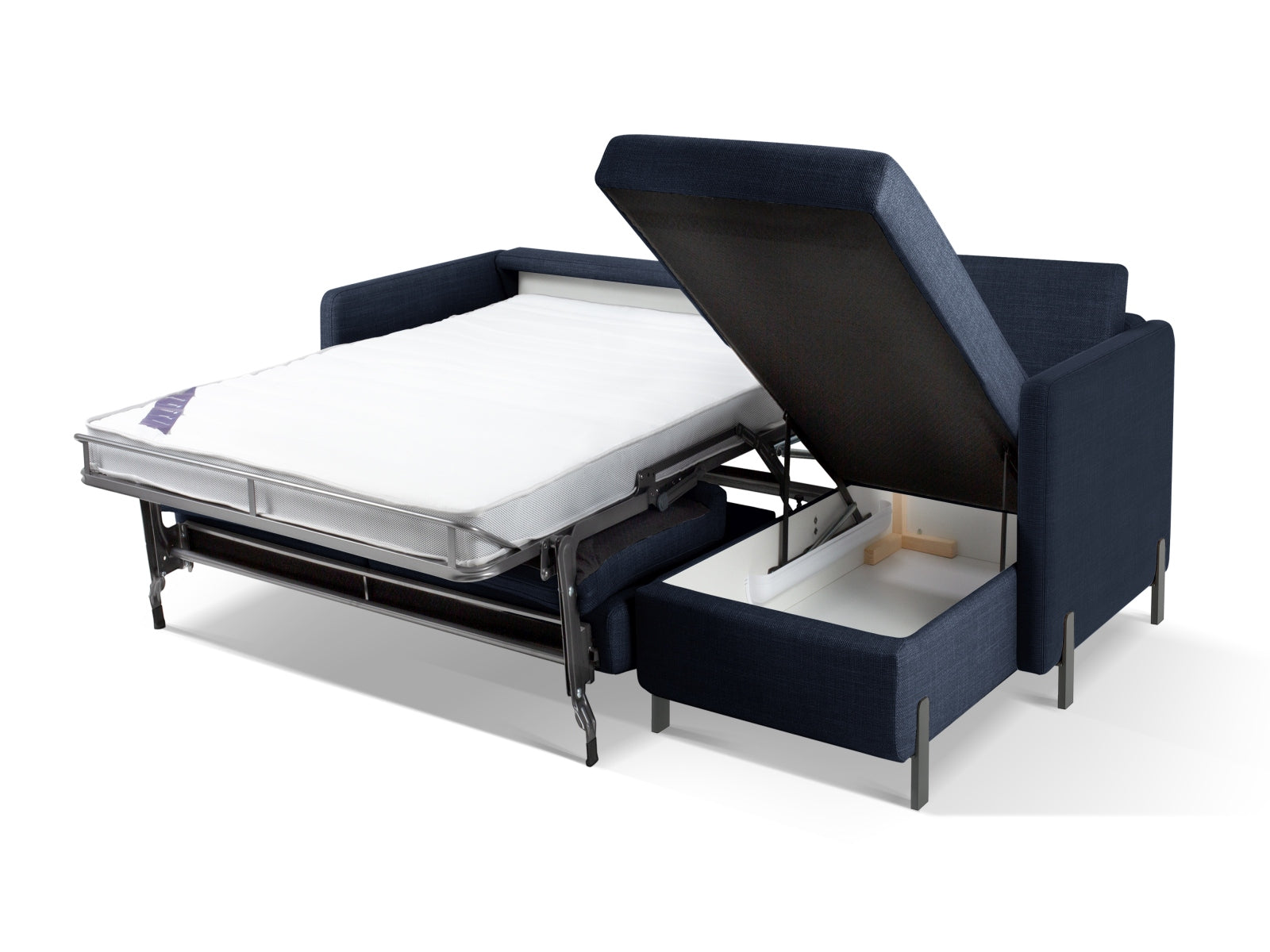 Elegantes Ecksofa Gloria in Blau, rechtsseitig, mit praktischer Schlaffunktion und Stauraum, ideal für gemütliche Abende und platzsparende Lösungen.