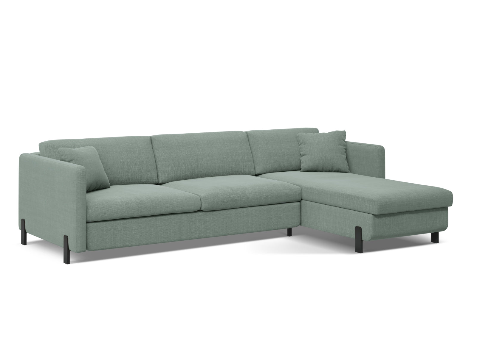 Stylisches Ecksofa Gloria in sanftem Mintgrün, ideal für entspannte Abende und Übernachtungsgäste, mit praktischem Stauraum.