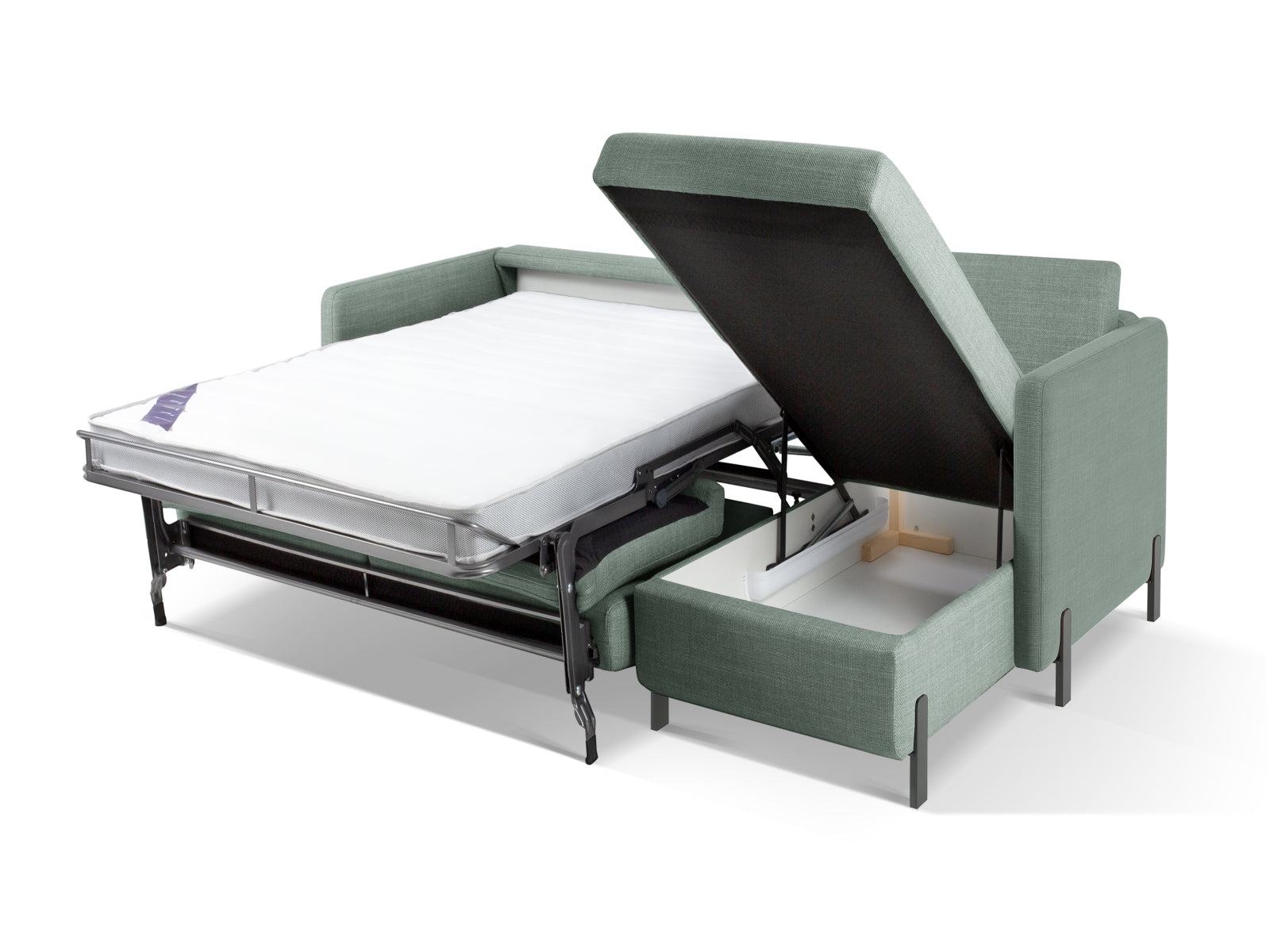 Stylisches Ecksofa Gloria in sanftem Mintgrün, ideal für Wohnräume, bietet Schlaffunktion und praktischen Stauraum für mehr Flexibilität.