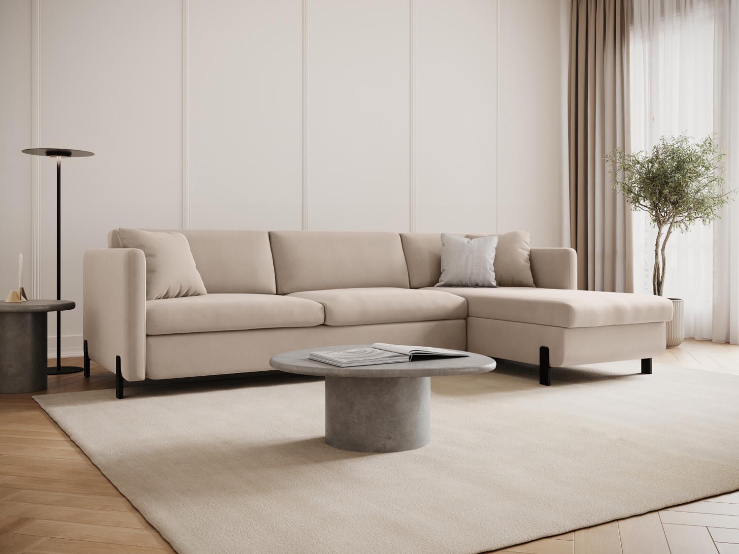Beige Velour Ecksofa "Gloria" mit Schlaffunktion und Stauraum, ideal für moderne Wohnräume, stilvoll und funktional.