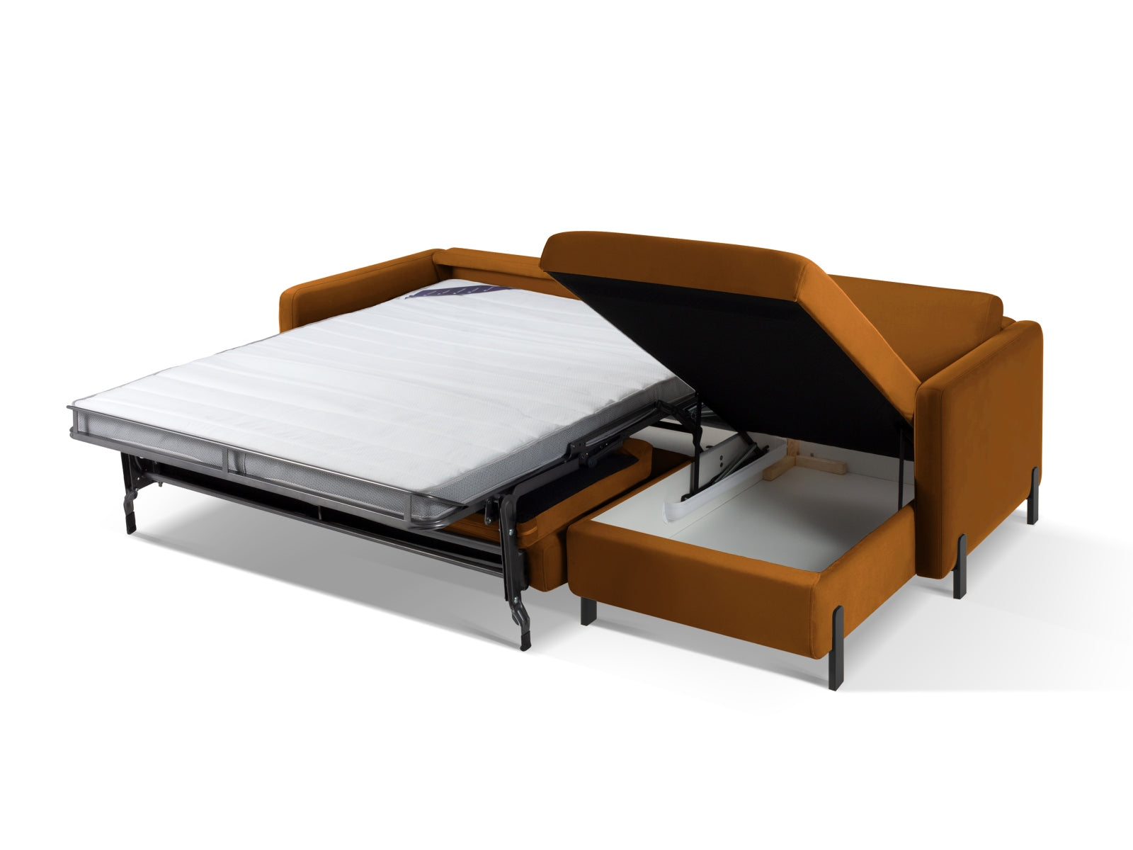 Stylisches braunes Velours Ecksofa Gloria, rechts, bietet Schlaffunktion und praktischen Stauraum für vielseitige Wohnlösungen.