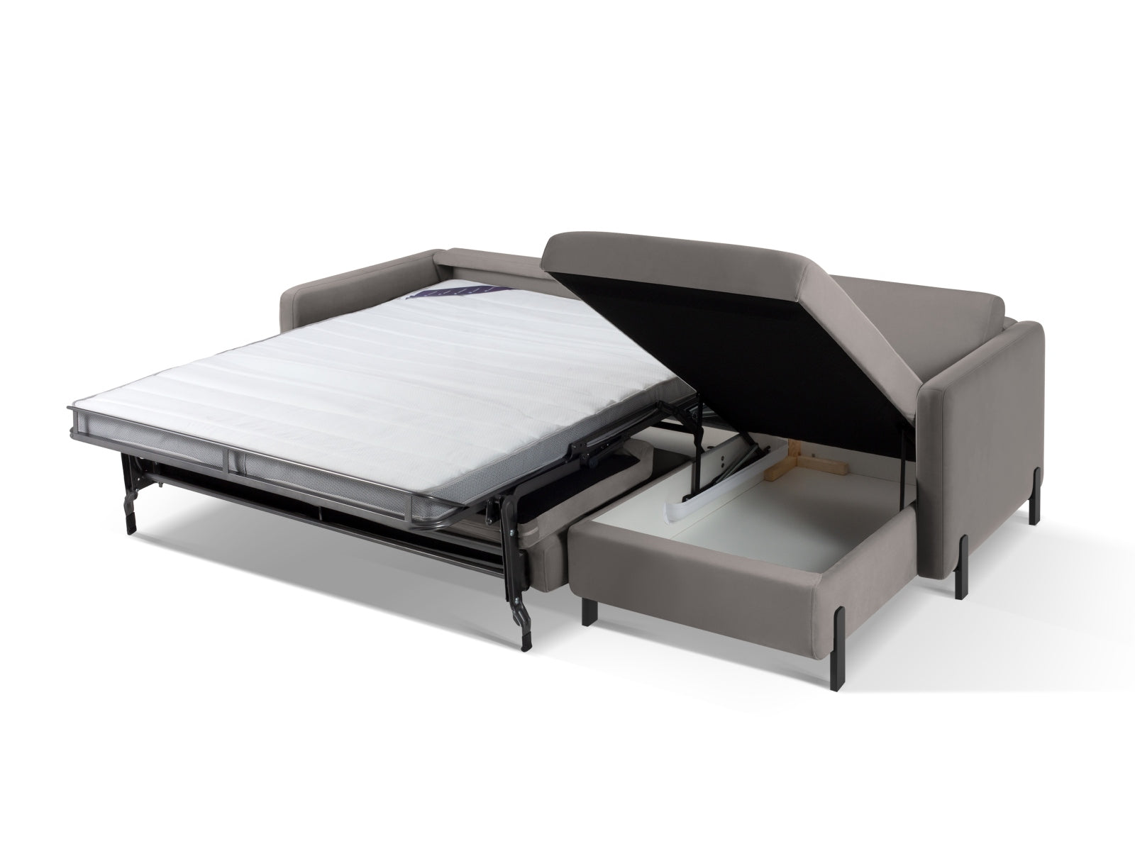 Entdecken Sie das elegante Gloria Velour Ecksofa rechts von Micadoni – ein 4-Sitzer mit Schlaffunktion, ideal für entspannte Abende und komfortable Nächte.