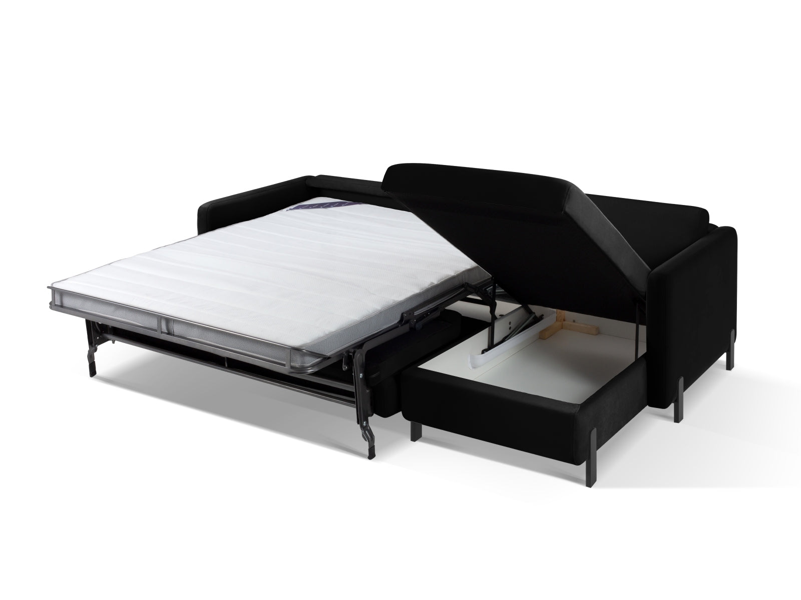 Modernes, schwarzes Velours Ecksofa Gloria mit praktischer Schlaffunktion und integriertem Stauraum, perfekt für gemütliche Abende und Übernachtungen.