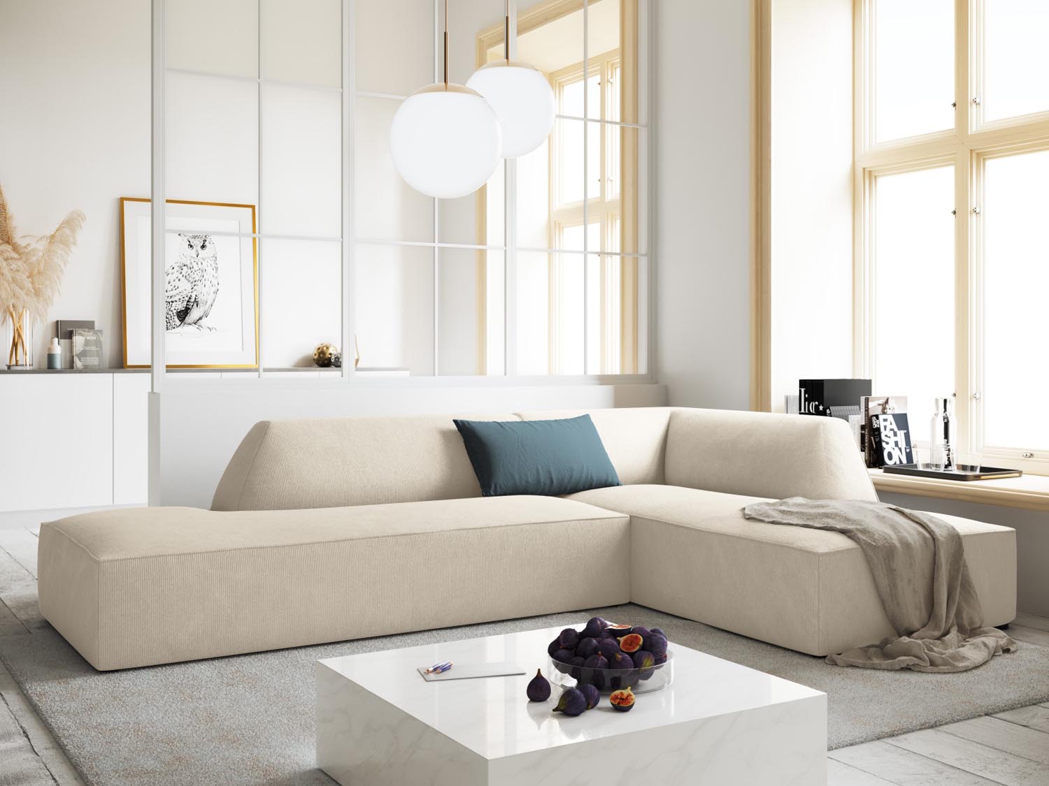 Stylisches Ruby Ecksofa in Light Beige, modulares Design, ideal für moderne Wohnräume, präsentiert von Micadoni.