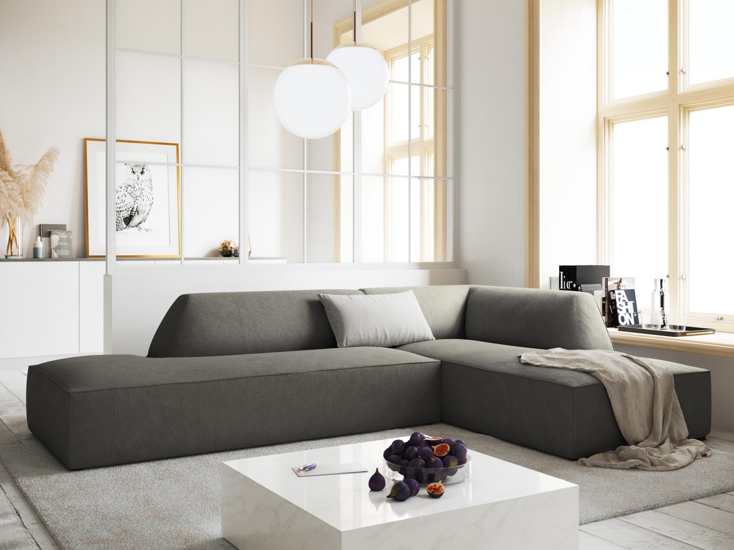 Stylisches Ruby Ecksofa in Hellgrau, 4-Sitzer mit offenem Ende rechts, ideal für moderne Wohnräume, präsentiert von Micadoni.