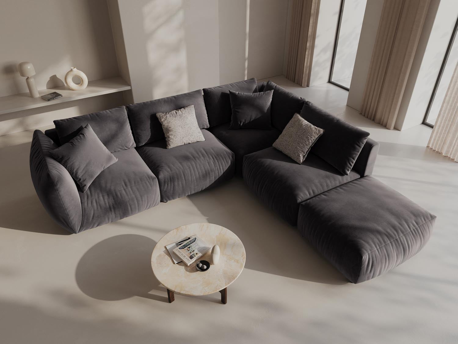 Erleben Sie das Chris Velour Modular Ecksofa rechts von Micadoni – ein stilvolles 4-Sitzer Sofa, das Komfort und modernes Design perfekt kombiniert!