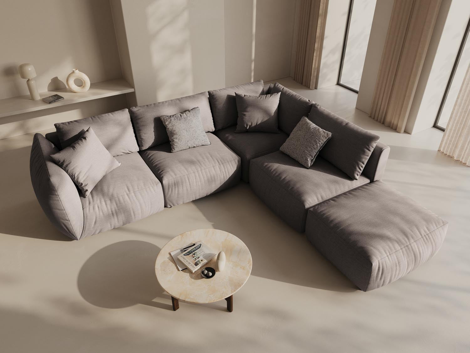 Stylisches Chris Modular Ecksofa rechts, 4-Sitzer in warmem Grau, ideal für moderne Wohnräume. Hochwertige Verarbeitung von Micadoni.