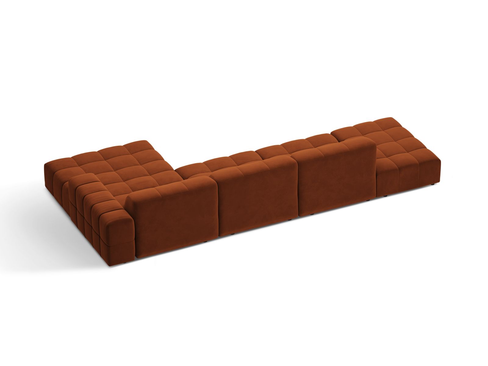 Elegantes 5-Sitzer Ecksofa Jennifer in warmem Terracotta-Bluvel, ideal für einladende und moderne Wohnräume.