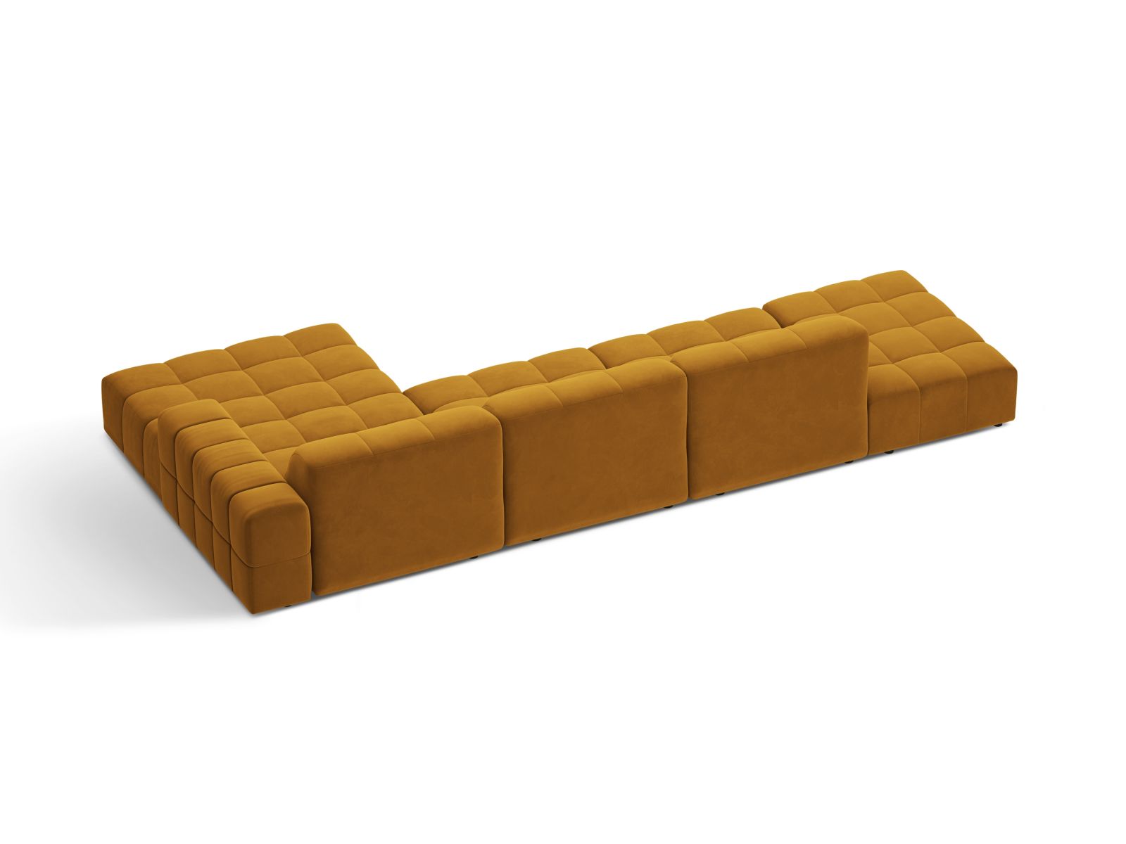 Modernes 5-Sitzer Ecksofa rechts Jennifer in ansprechendem Yellow-Bluvel, ideal für gemütliche Abende und stilvolle Einrichtung.