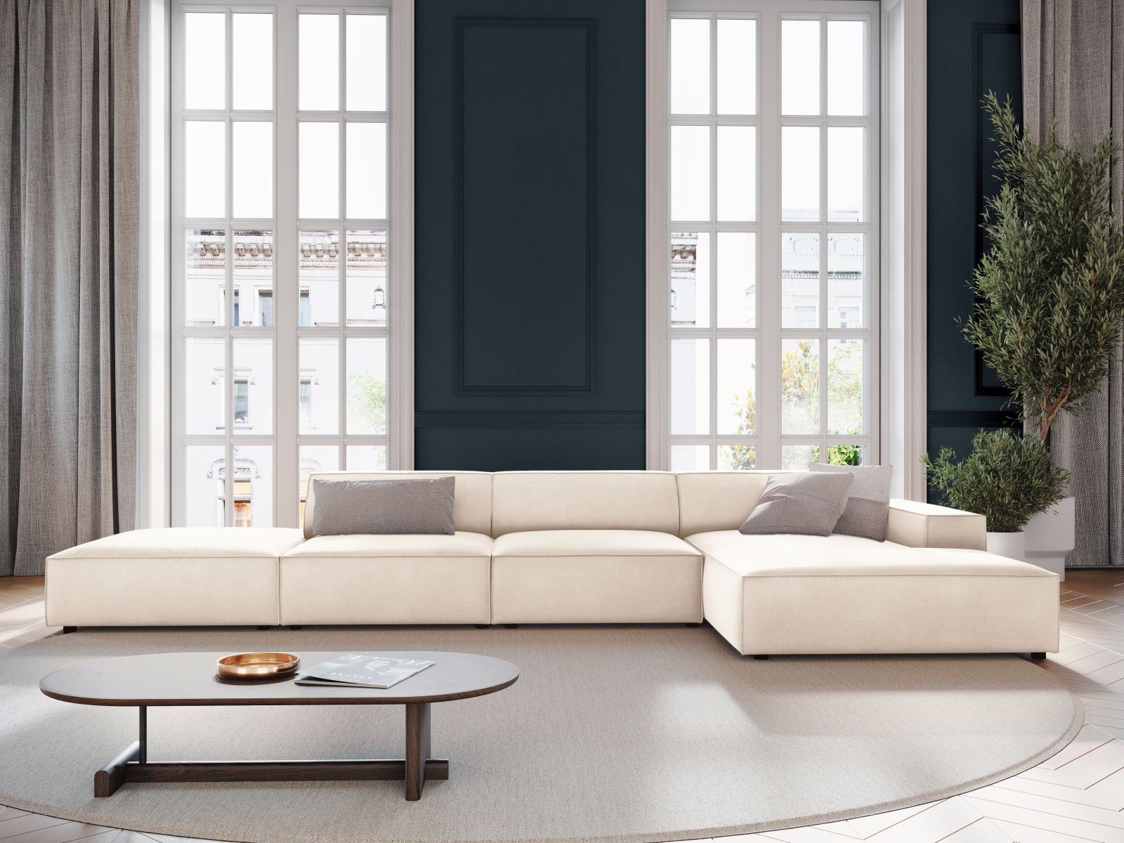 Jodie Velour modulares Ecksofa rechts 5 Sitzer in Light Beige präsentiert im Onlineshop von KAQTU Design AG. Ecksofa rechts ist von Micadoni