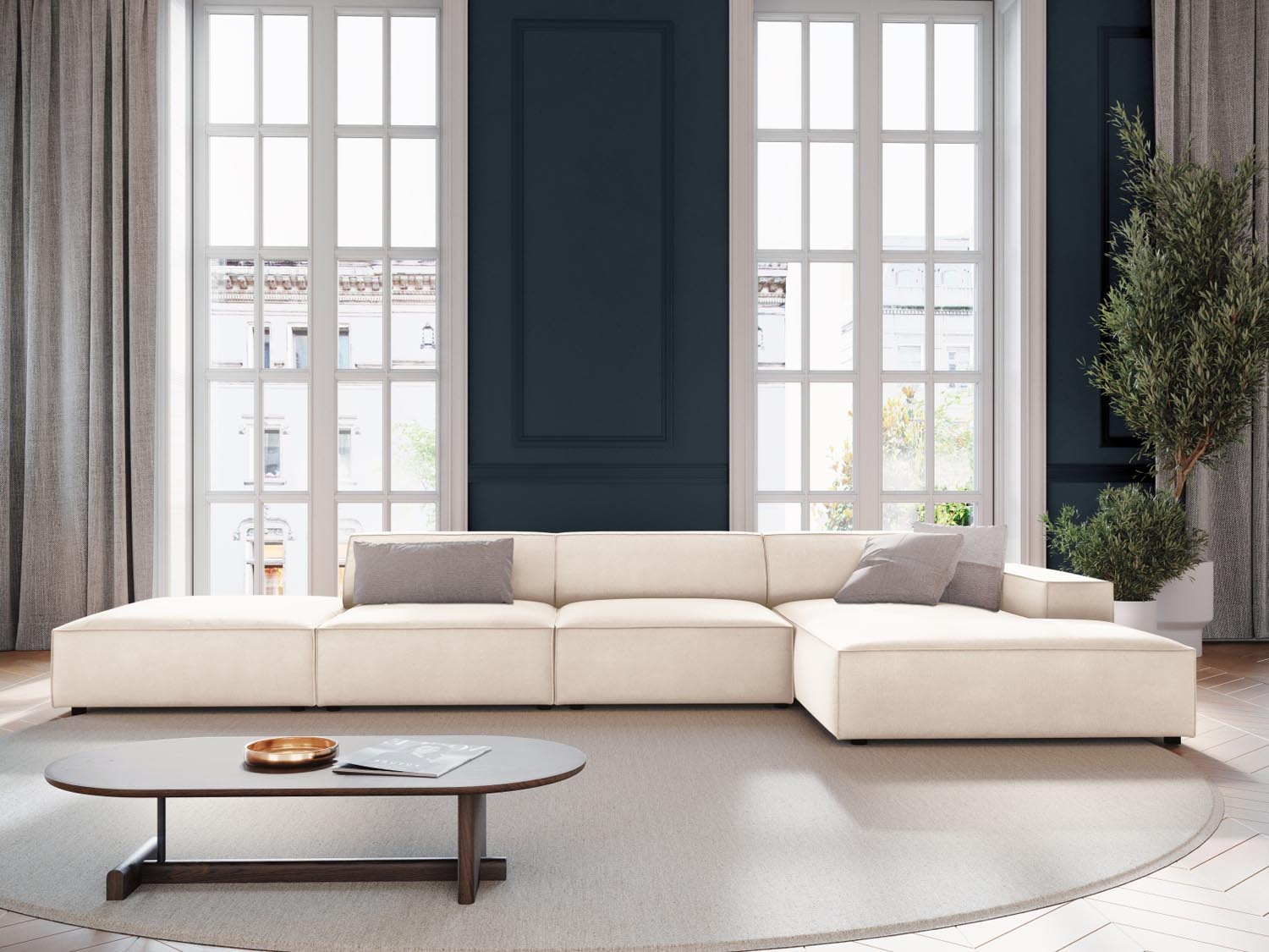 Elegantes Jodie Velour Ecksofa in Light Beige-Bluvel, 5-Sitzer, ideal für stilvolle Wohnräume, präsentiert von Micadoni.