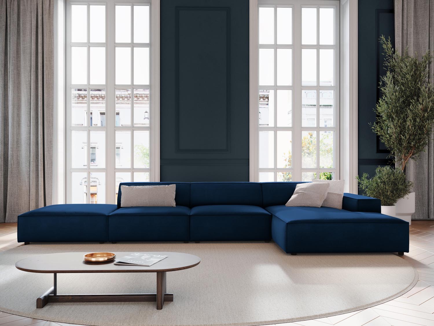 Elegantes Jodie Velour Ecksofa in Royal Blue, 5-Sitzer, ideal für stilvolle Wohnräume, präsentiert in einem modernen Ambiente.
