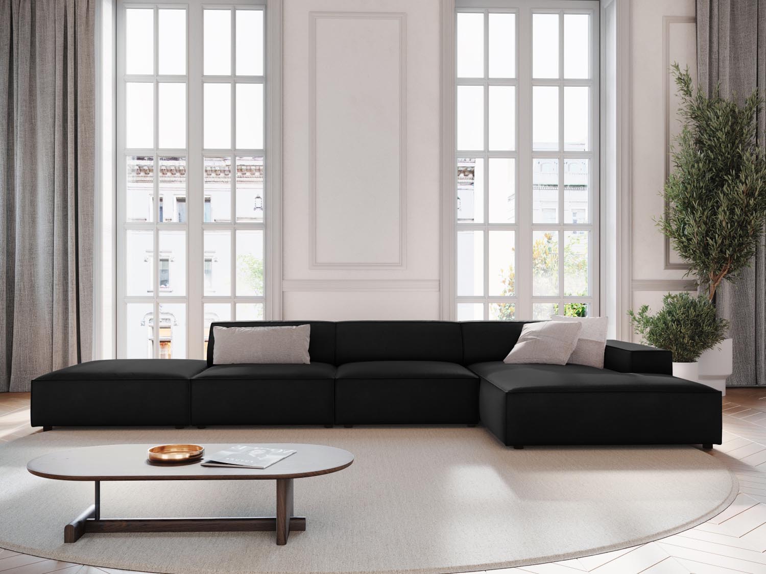Elegantes Jodie Velour Ecksofa in Schwarz-Bluvel, 5-Sitzer, ideal für stilvolle Wohnräume, präsentiert von Micadoni.