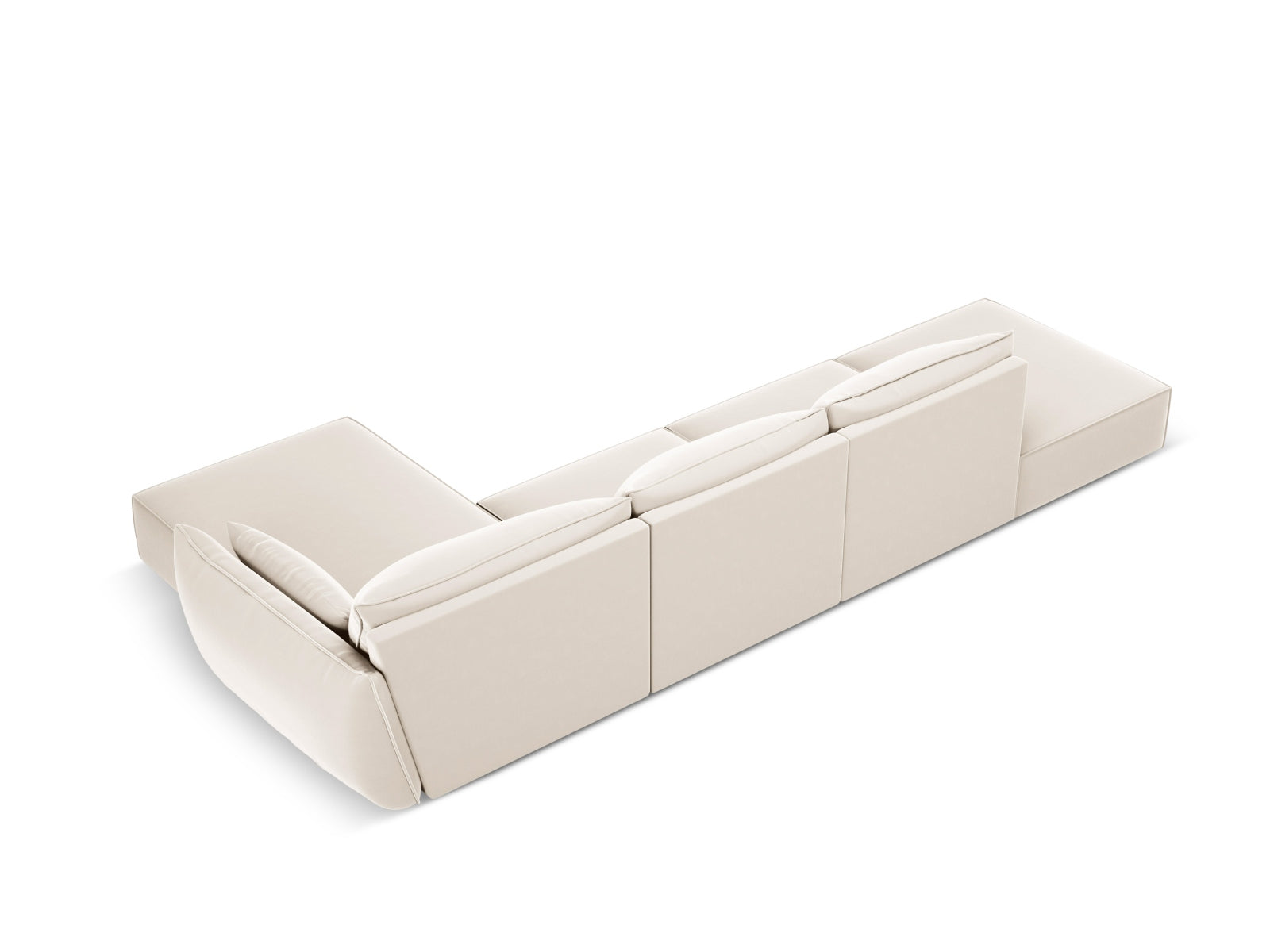 Stylisches Kaelle Velour Ecksofa in sanftem Beige, 5-Sitzer, perfekt für moderne Wohnzimmer, erhältlich bei Micadoni.