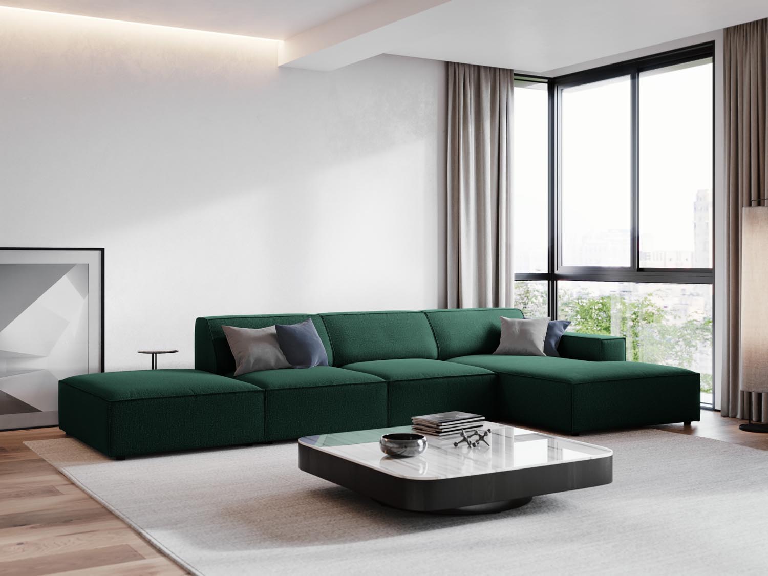 Elegantes, modulares Ecksofa Jodie in Grün, ideal für stilvolle Wohnräume. 5-Sitzer-Design von Micadoni, perfekt für entspannte Abende.