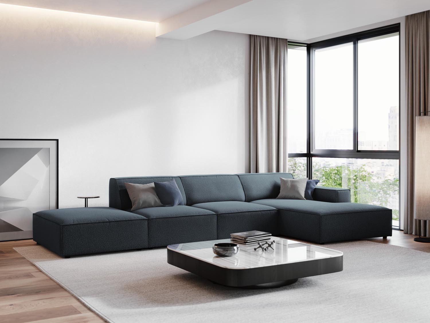 Elegantes, modulares Ecksofa Jodie in Blau, ideal für stilvolle Wohnräume. Komfortables 5-Sitzer-Design von Micadoni.