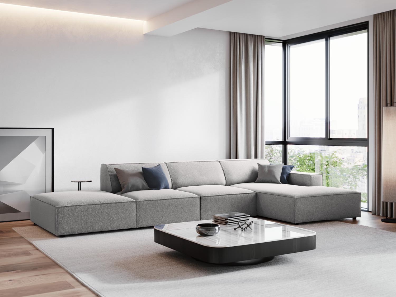 Gemütliches, modernes Jodie Ecksofa in Hellgrau, ideal für stilvolle Wohnräume. Perfekt als 5-Sitzer für entspannte Abende.