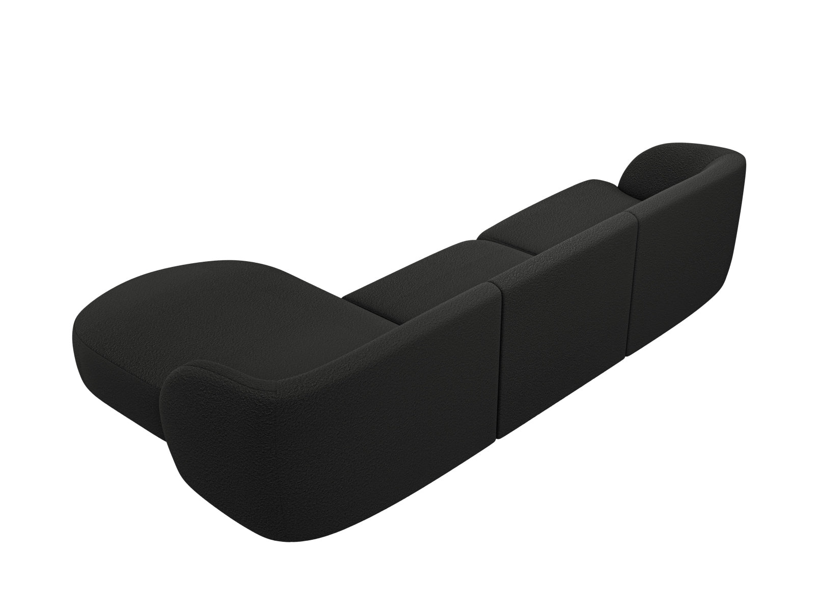 Modernes Miley Boucle Ecksofa in Schwarz, 4-Sitzer, mit rechtsseitiger L-Form, perfekt für gemütliche und stilvolle Wohnzimmer.