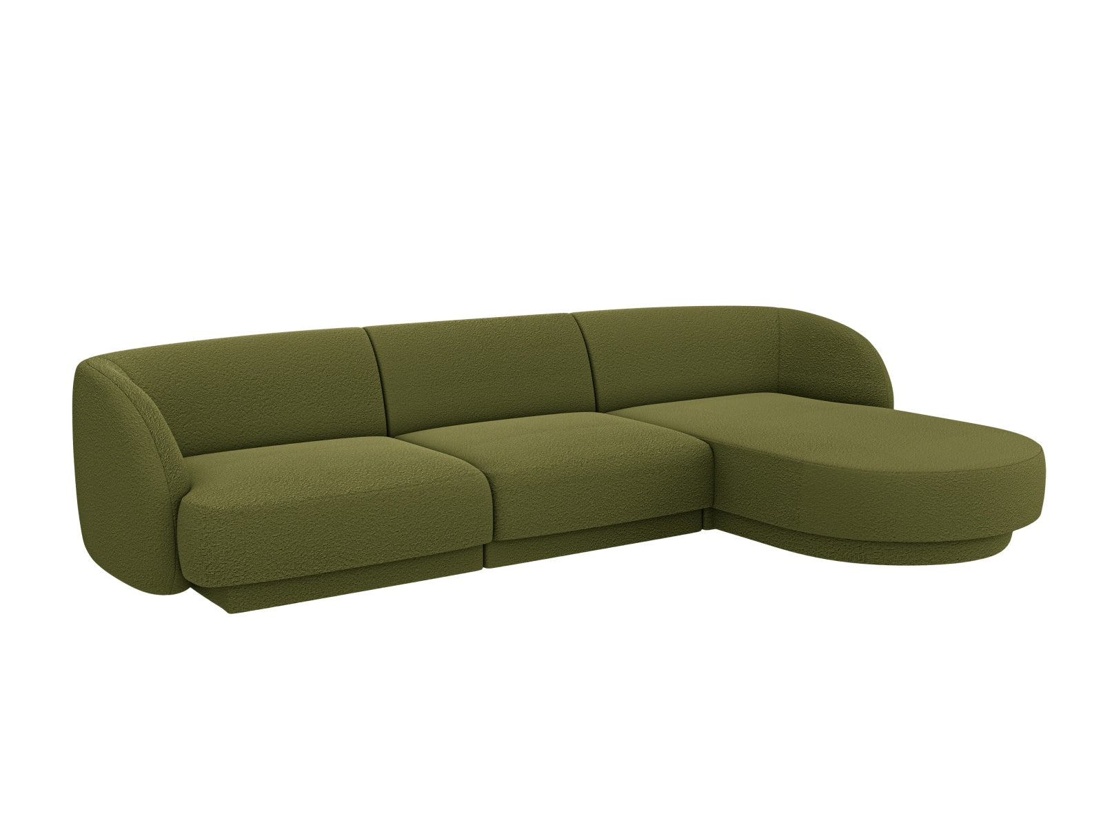 Elegantes Miley Boucle Ecksofa rechts, 4-Sitzer in dunklem Olivgrün, stilvoll und modern, ideal für jedes Wohnzimmer.