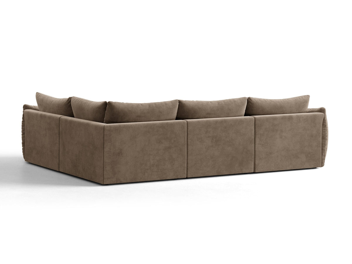 Ecksofa rechts Bloom von Micadoni in leichtem Beige, Veloursstoff Casino Pearl, schwarze Kunststoffbeine, moderne Polstermöbel-Form.