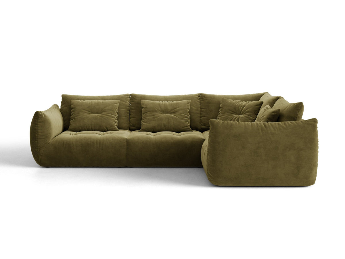 Ecksofa rechts Bloom von Micadoni in leichtem Beige, Veloursstoff Casino Pearl, schwarze Kunststoffbeine, moderne Polstermöbel-Form.